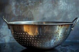 Un colander de metal se encuentra en la parte superior de un ...