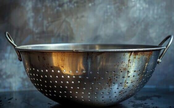 Un colander de metal se encuentra en la parte superior de un ...